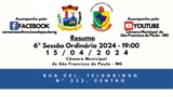 RESUMO DAS MATERIAS DA 6ª REUNIÃO ORDINÁRIA DO 2° PERÍODO LEGISLATIVO DA CÂMARA MUNICIPAL DE SÃO FRANCISCO DE PAULA-MG, ANO DE 2024, LEGISLATURA 2021/2024.  RESUMO DAS MATERIAS DA 6ª REUNIÃO ORDINÁRIA DO 2° PERÍODO LEGISLATIVO DA CÂMARA MUNICIPAL DE SÃO FRANCISCO DE PAULA-MG, ANO DE 2024, LEGISLATURA 2021/2024.